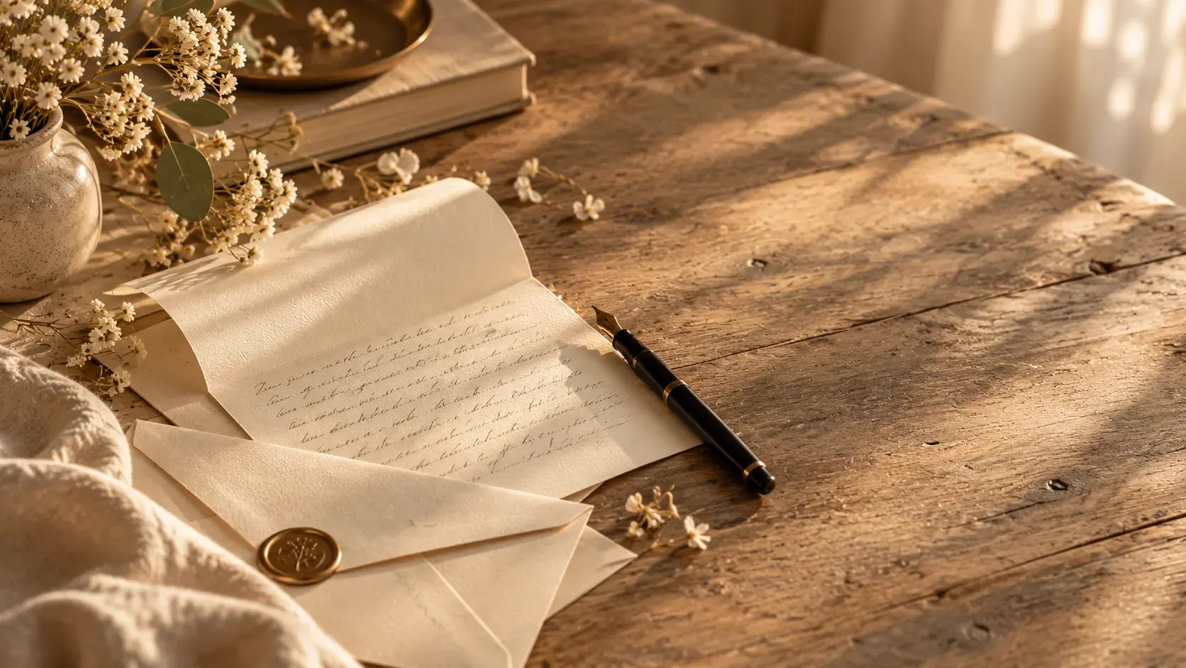 A handwritten letter, fountain pen, and wax-sealed envelope on a sunlit wooden table